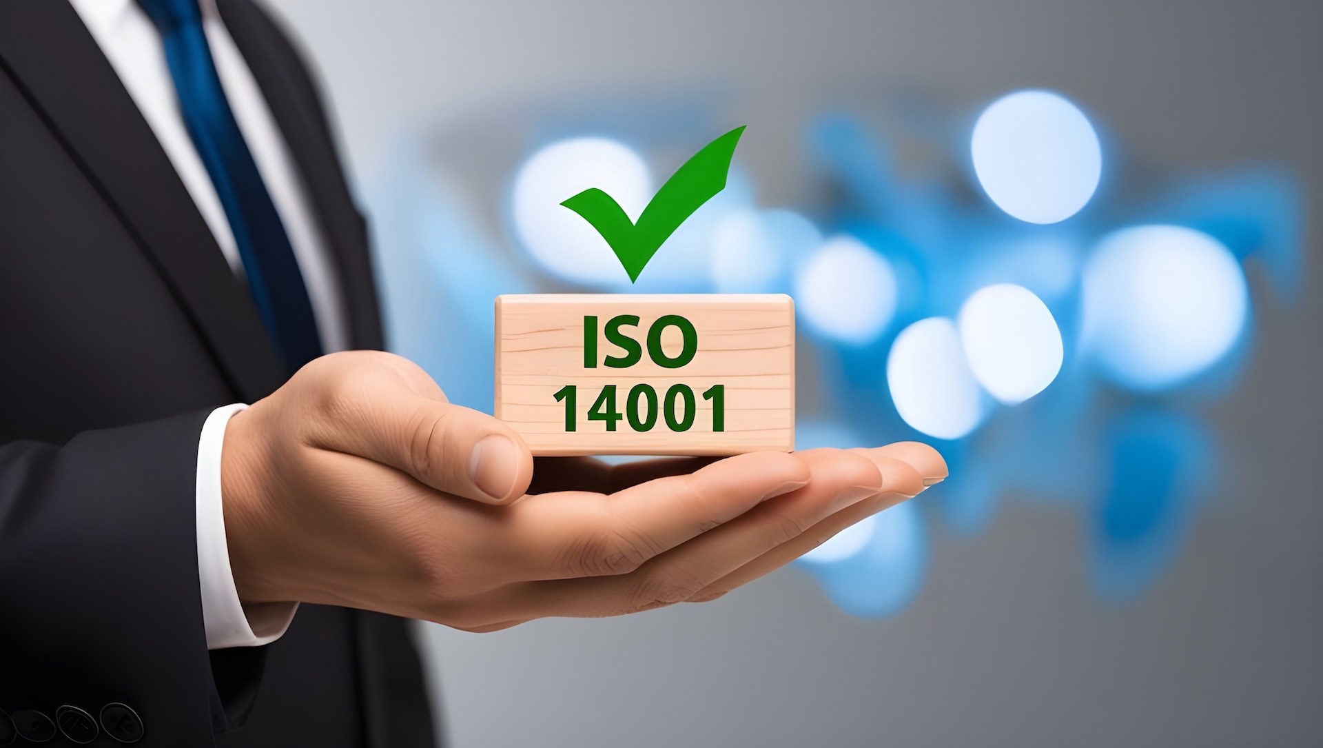 A businessman holding a small wooden block with a green checkmark and 'ISO 14001' written on it. ISO 14001 certified, iso 14001 environmental management system